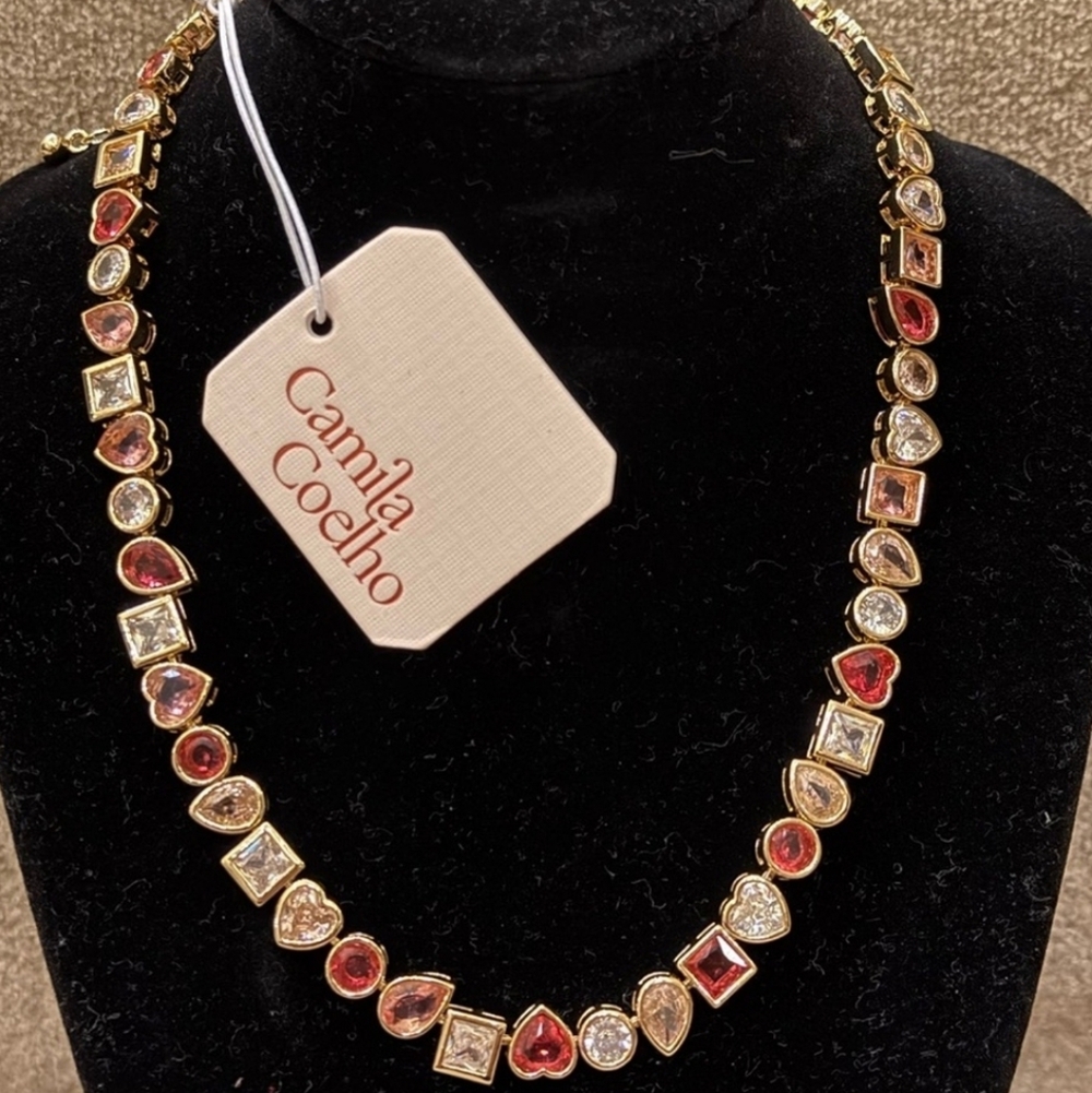 Camila Coelho Bejeweled Gemstone Necklace Red, Pink White Goldtone Hearts NWT